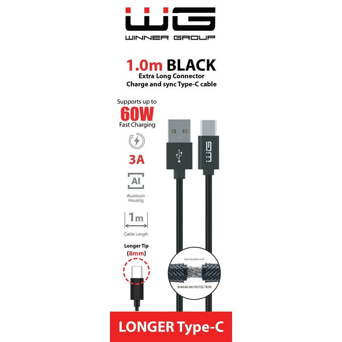 Kábel WG USB,Typ C na USB,predĺžený konektor,3A,1m,čierna