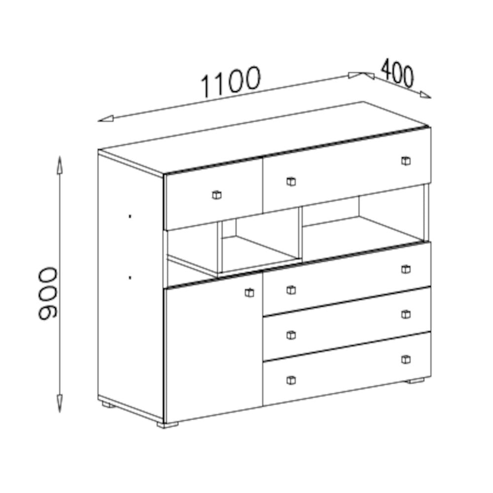 Komoda Amasi (5x zásuvka, dvierka, betón, biela)