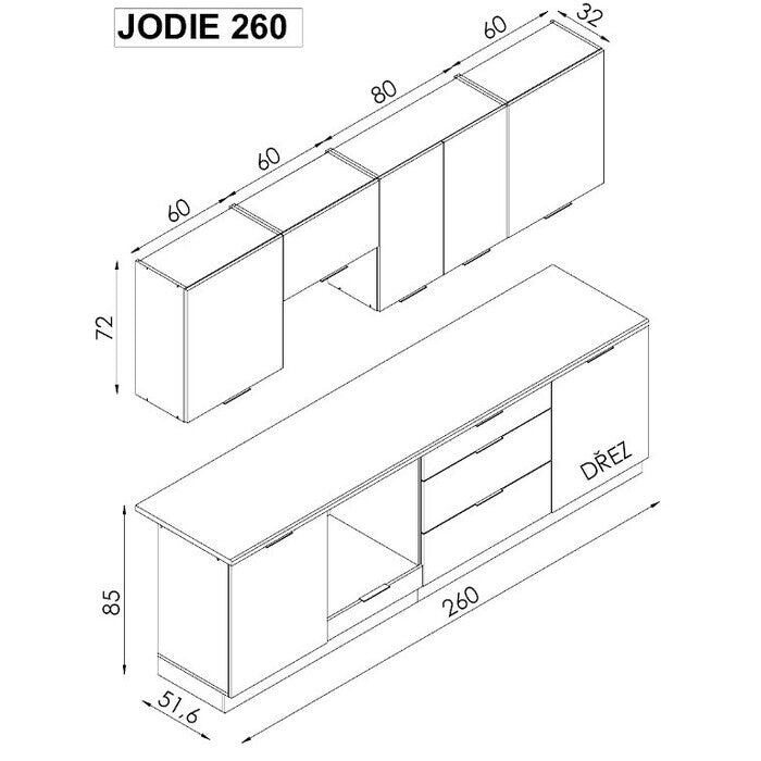 Kuchyňa Jodie 260 cm (biela, sivá, vysoký lesk) - II. akosť