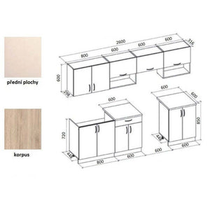 Kuchyně Vanilla - 260 cm (vanilka/dub sonoma/bílá) - II. akosť