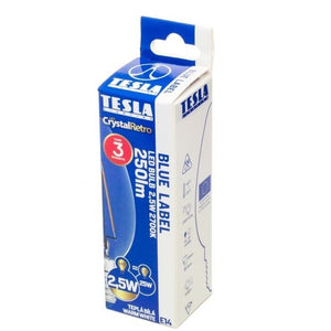 LED sviečka Tesla, Filament retro E14, 2,5 W, 2700K, teplá biela