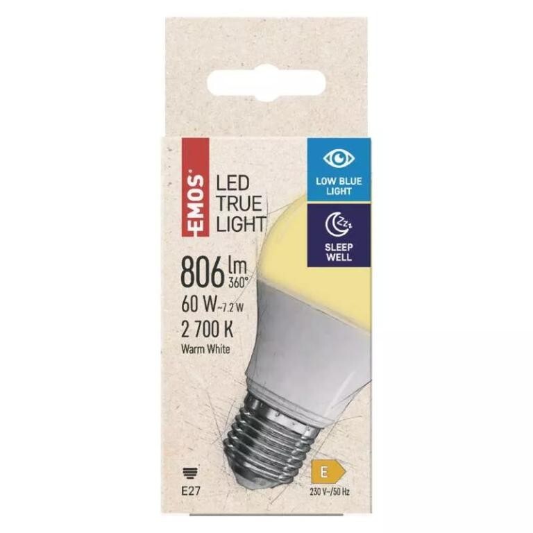 LED žiarovka Emos True Light, 7,2 W, E27, teplá biela