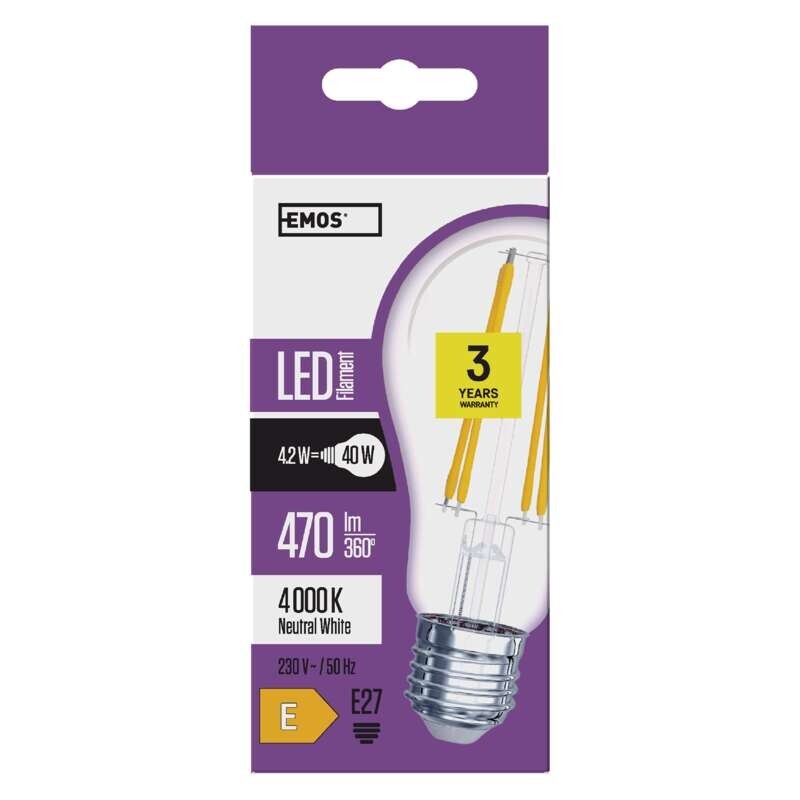 LED žiarovka Emos Z74222, E27, filament, A60, 4W,neutrálna biela