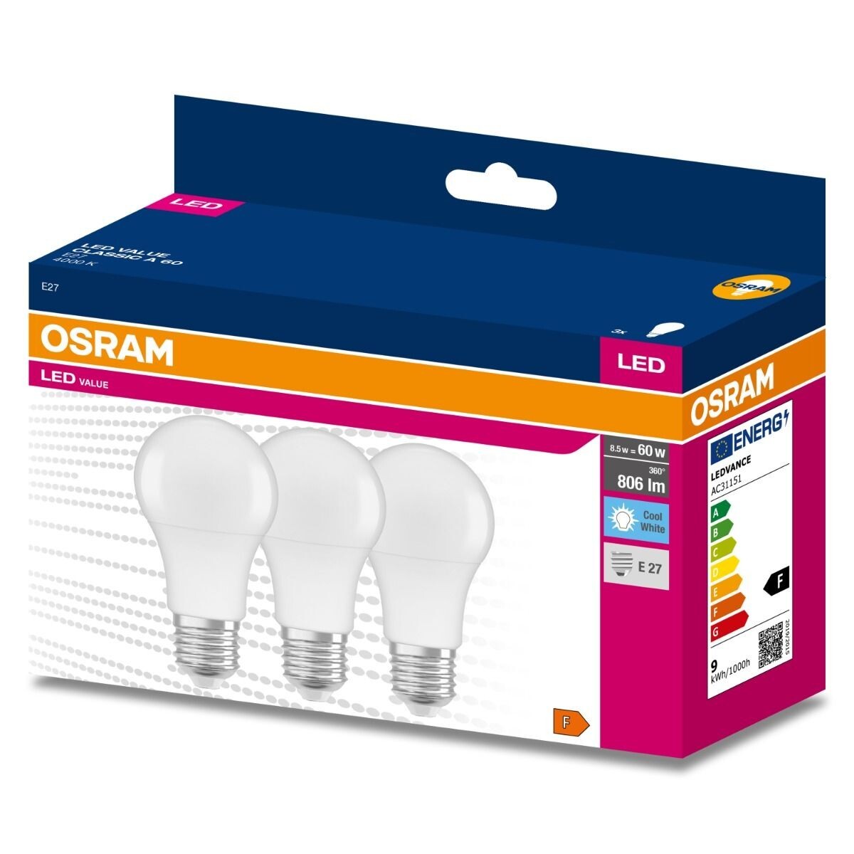 LED žiarovka Osram, 8.5 W, E27, 3pack