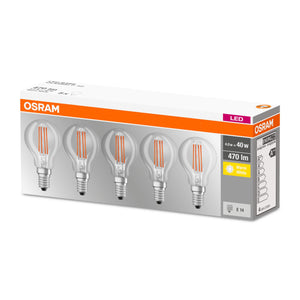 LED žiarovka Osram BASE, E14, 4W, retro, číra, teplá biela, 5 ks