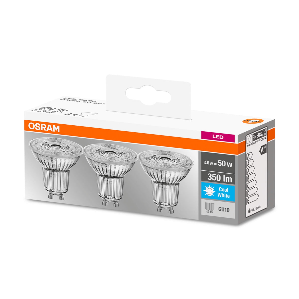 LED žiarovka Osram BASE, GU10, 3,6W, neutrálna biela, 3 ks