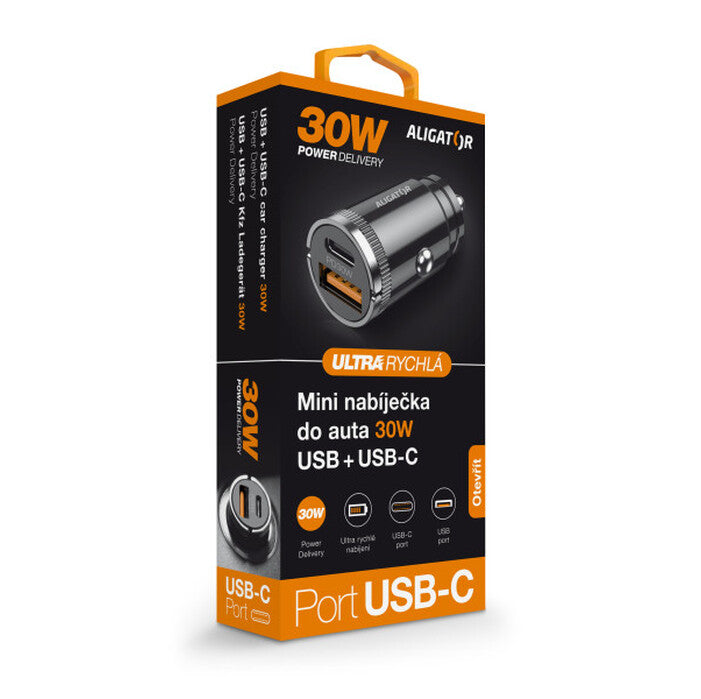 Mini nabíjačka do auta Aligator 30W, PD, USB-C+USB