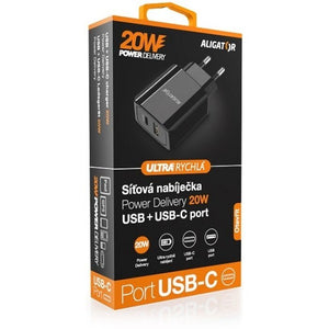 Nabíjačka Aligator 1xPD Typ-C 20 W + 1xUSB + kábel Typ-C, čierna