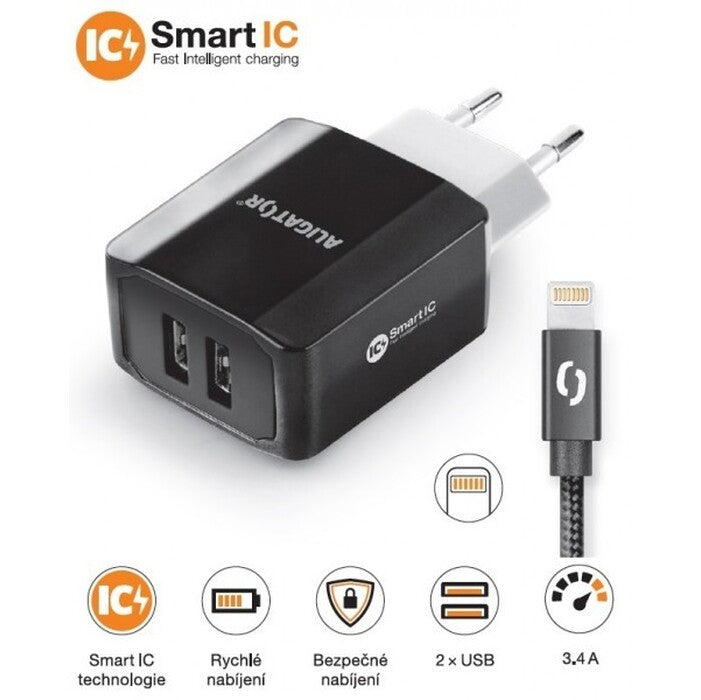 Nabíjačka Aligator 3.4A, 2xUSB + kábel lightning, čierna