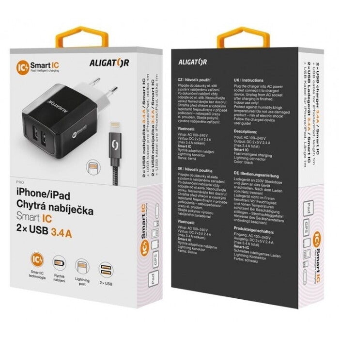 Nabíjačka Aligator 3.4A, 2xUSB + kábel lightning, čierna