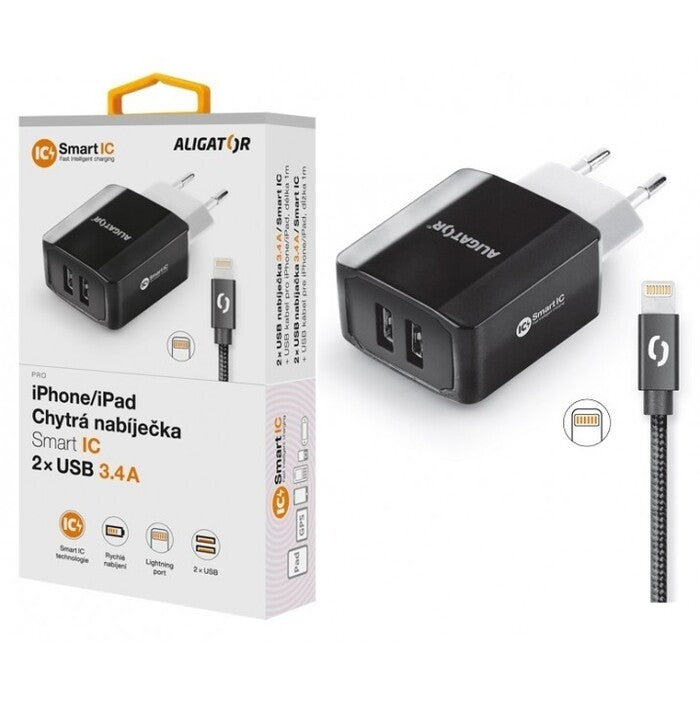 Nabíjačka Aligator 3.4A, 2xUSB + kábel lightning, čierna