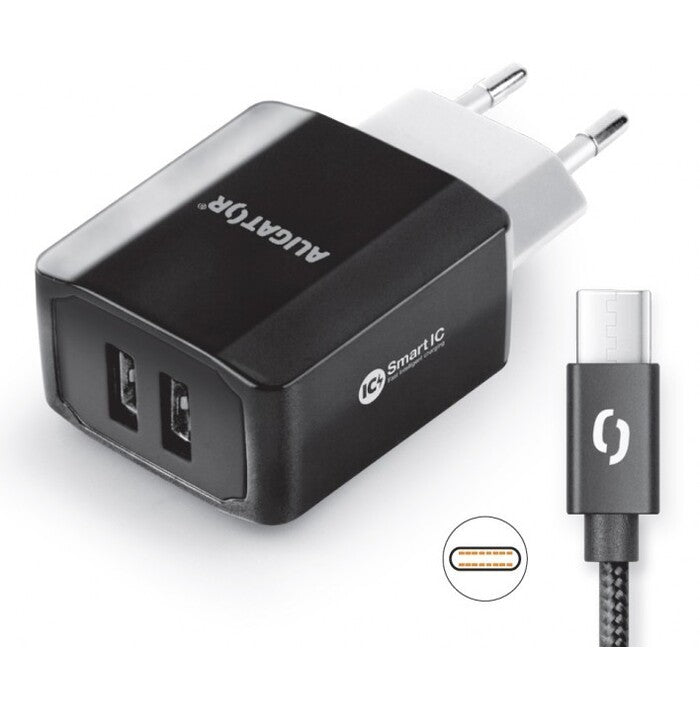 Nabíjačka Aligator 3.4A, 2xUSB + USB-C kábel, čierna