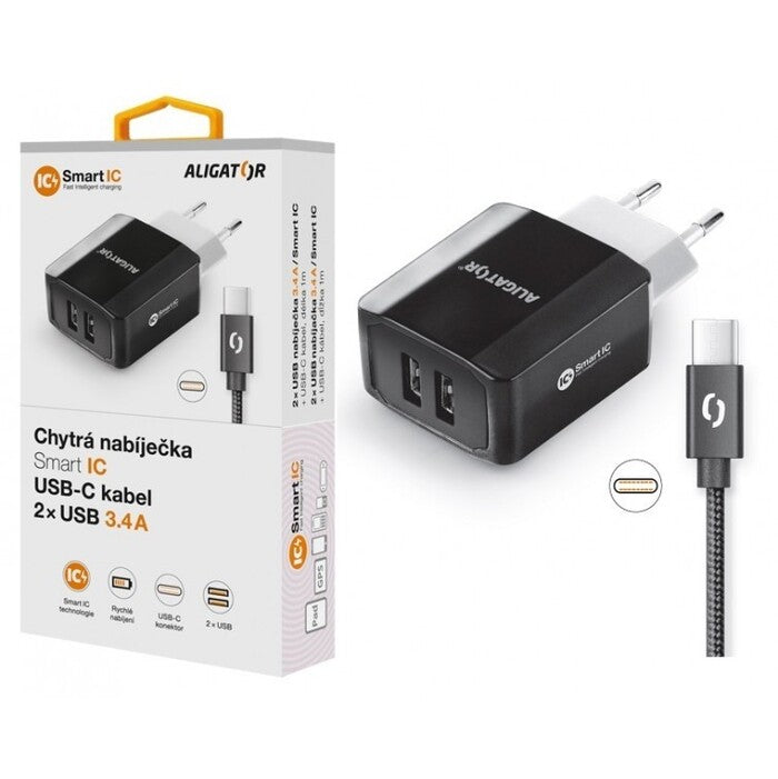 Nabíjačka Aligator 3.4A, 2xUSB + USB-C kábel, čierna