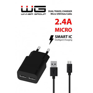 Nabíjačka WG 2xUSB 2,4A + kábel Micro USB, čierna