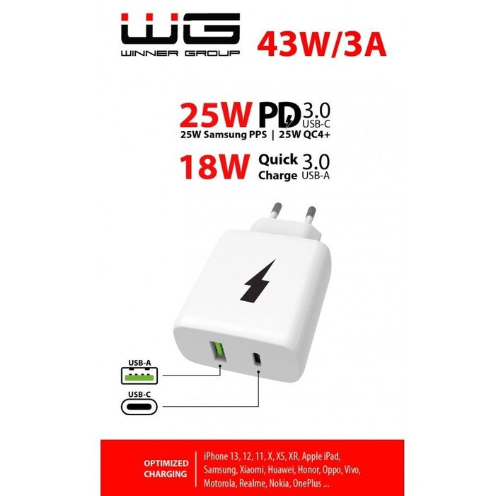 Nabíjačka Winner USB-C a USB-A, 43W, biela