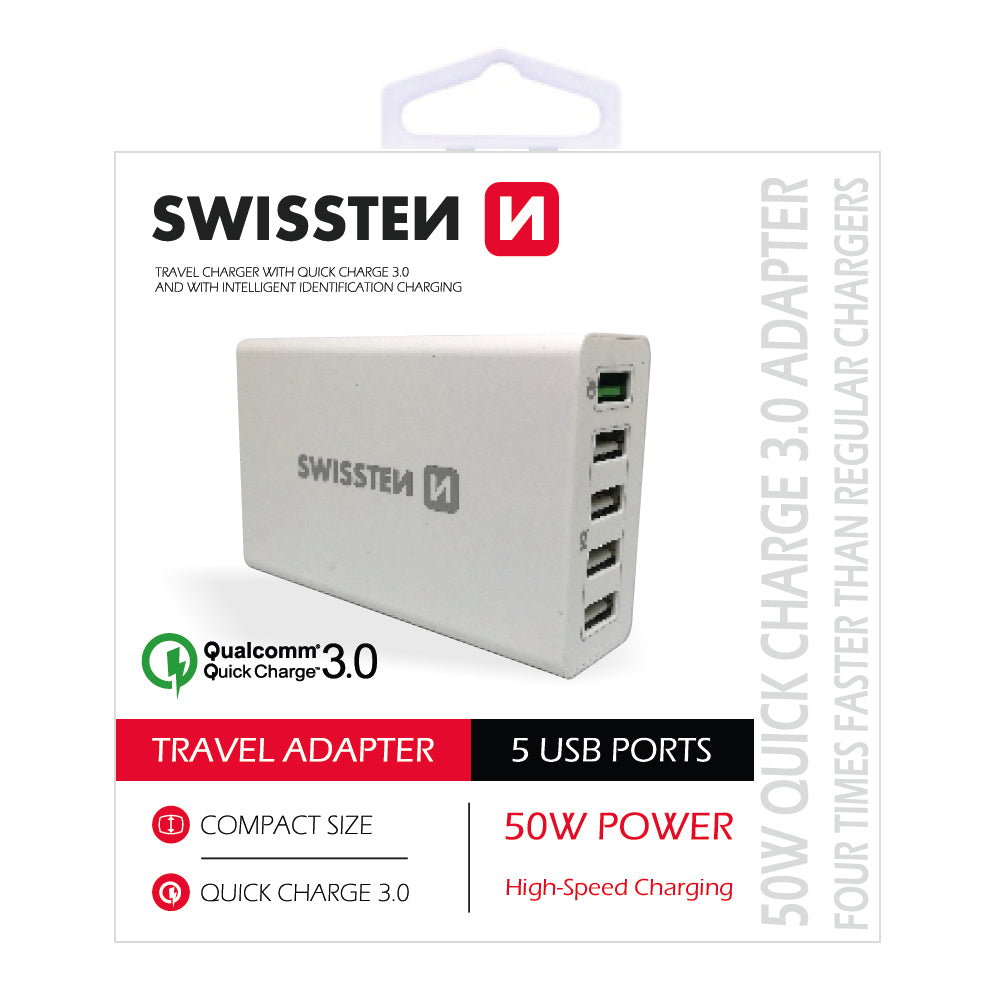 Nabíjačka Swissten 5xUSB 50 W, rýchlonabíjanie a smart nabíjanie