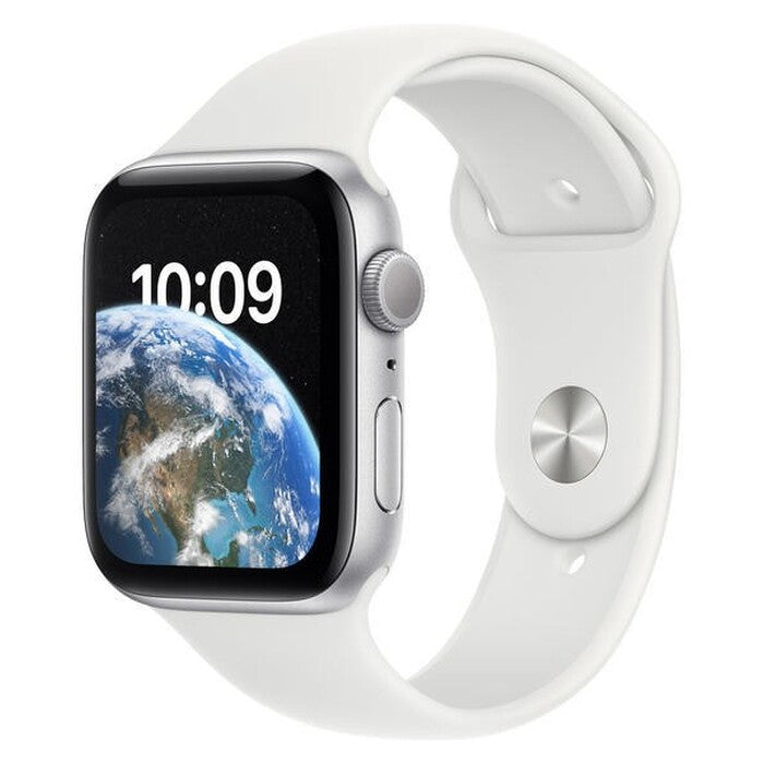 Apple Watch SE, 44mm, strieborná, športový remienok, biela