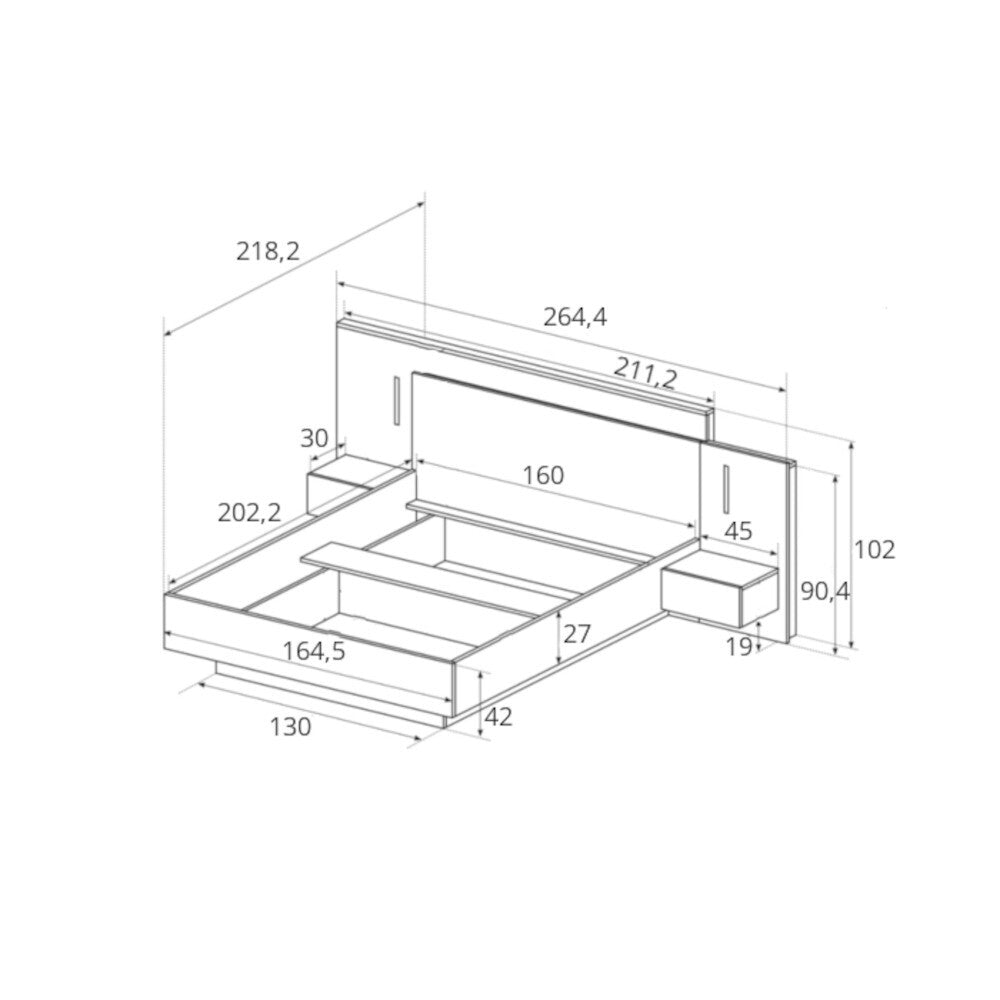 Posteľ Duras, 160x200, biela/dub, 2x nočný stolík, s výklopom