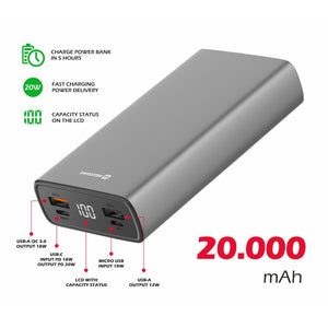 Powerbanka Swissten 20000mAh, PD+QC, 20W, sivá +kábel Typ C/C