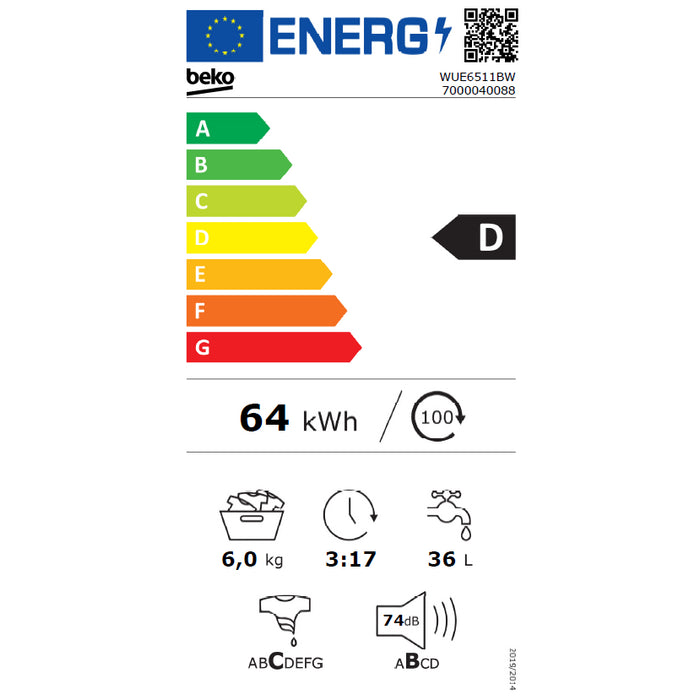 Práčka s predným plnením Beko WUE6511BW, 6 kg