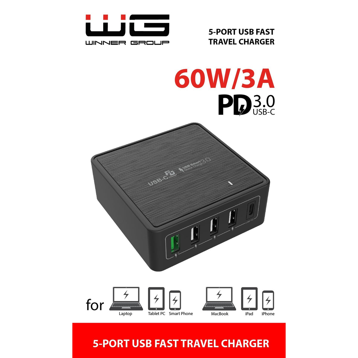 Sieťová nabíjačka 5xUSB 60W(QC 3.0+3xUSB+PD USB-C), čierna