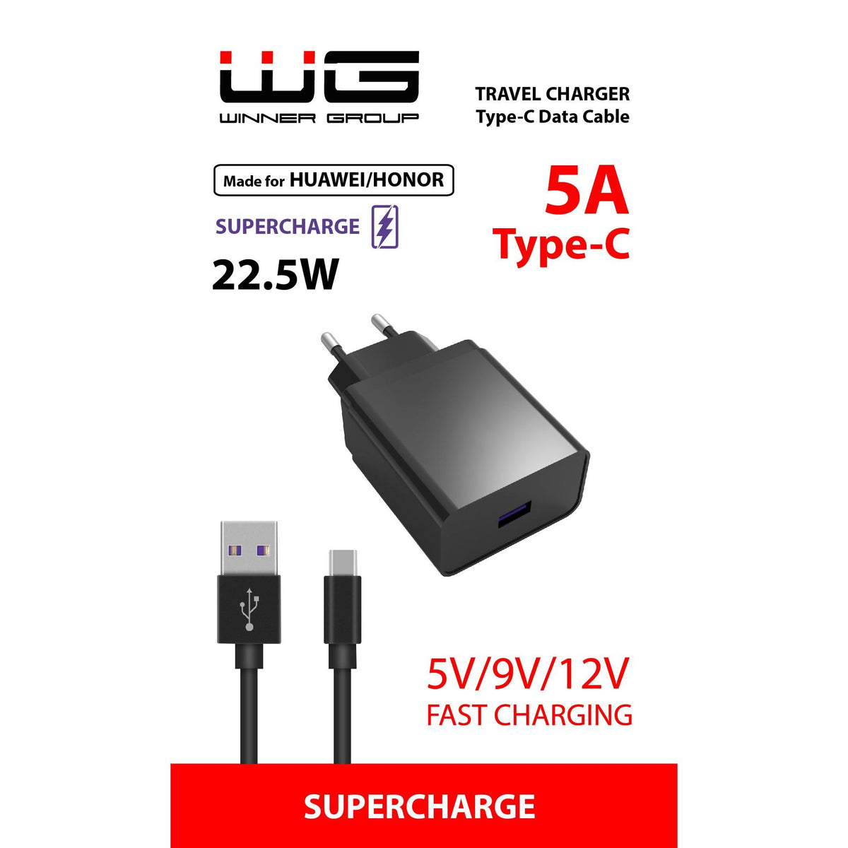 Sieťová nabíjačka WG 1xUSB 22,5W + kábel Typ C 5A, čierna