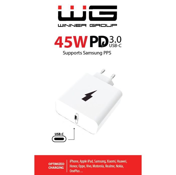 Sieťová nabíjačka WG 1xUSB-C/PD 45W, biela