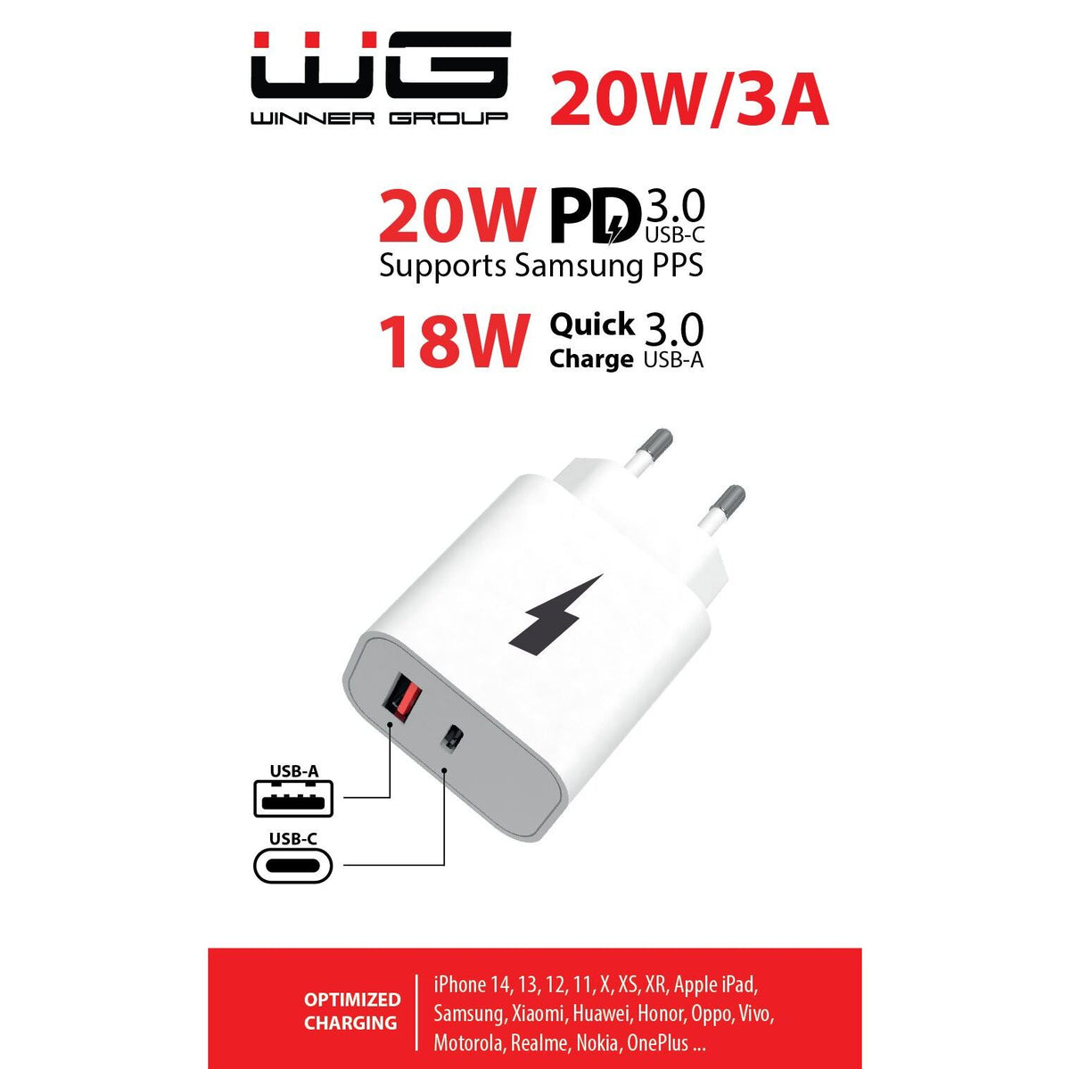 Sieťová nabíjačka WG 2xUSB/PD 20W + QC3,0 18W, biela