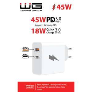 Sieťová nabíjačka WG 2xUSB, USB-C PD 45W + USB QC3,0 18W, biela