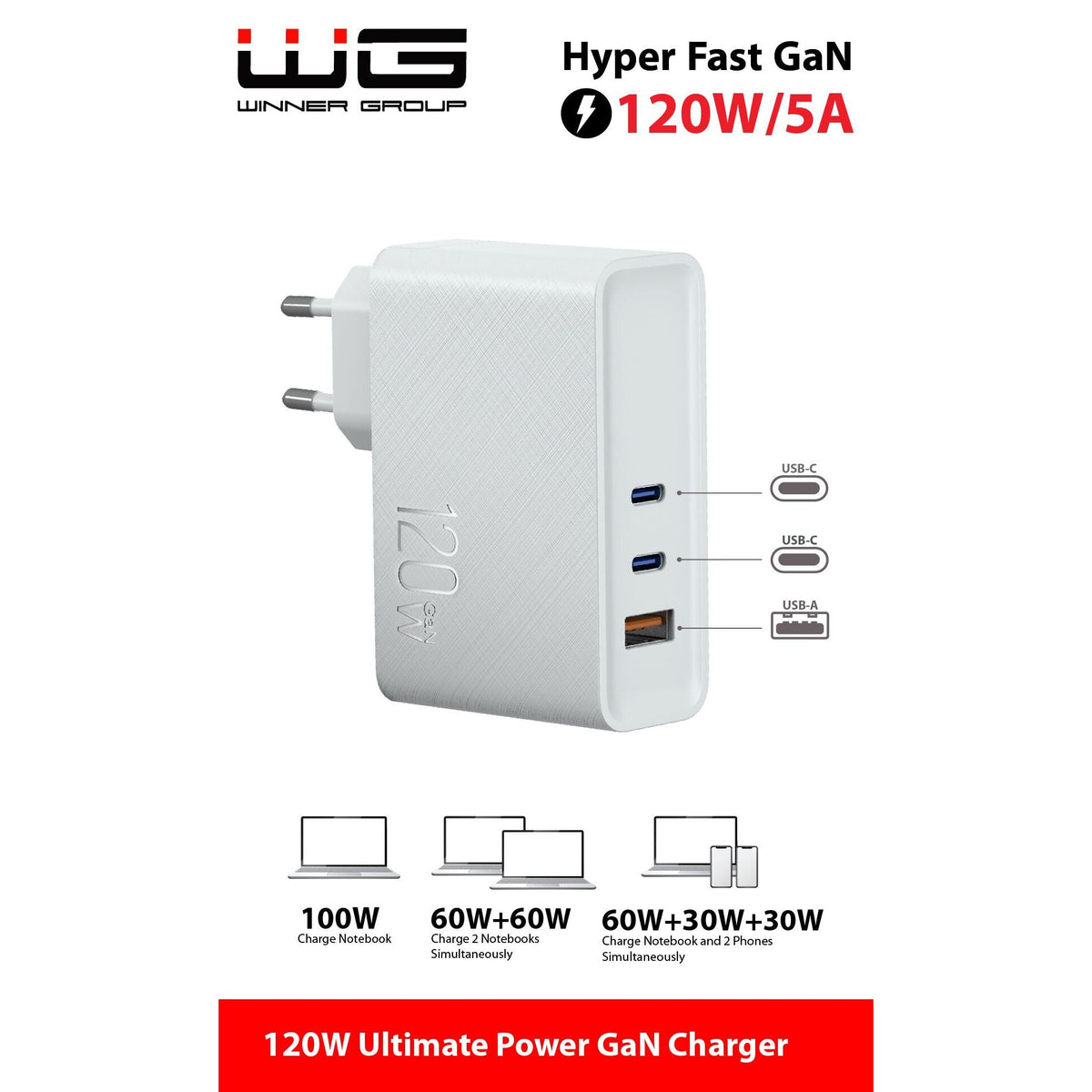 Sieťová nabíjačka WG 3xUSB, 1xUSB-A + 2xUSB-C, 120W, biela