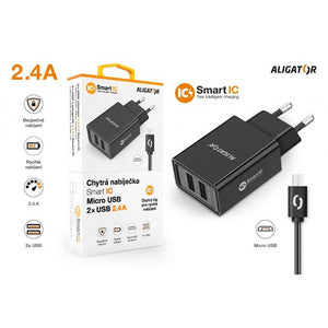 Smart nabíjačka Aligator 2,4A, 2xUSB, micro USB, čierna