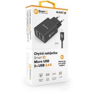 Smart nabíjačka Aligator 2,4A, 2xUSB, micro USB, čierna