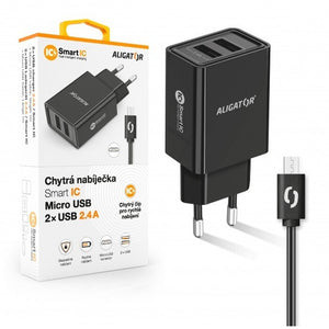 Smart nabíjačka Aligator 2,4A, 2xUSB, micro USB, čierna