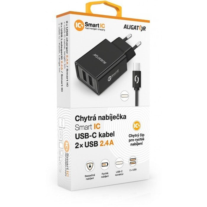 Smart nabíjačka Aligator 2,4A, 2xUSB, USB-C, čierna