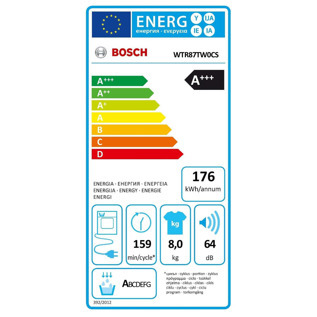 Sušička bielizne BOSCH WTR87TW0CS, 8 kg, A+++