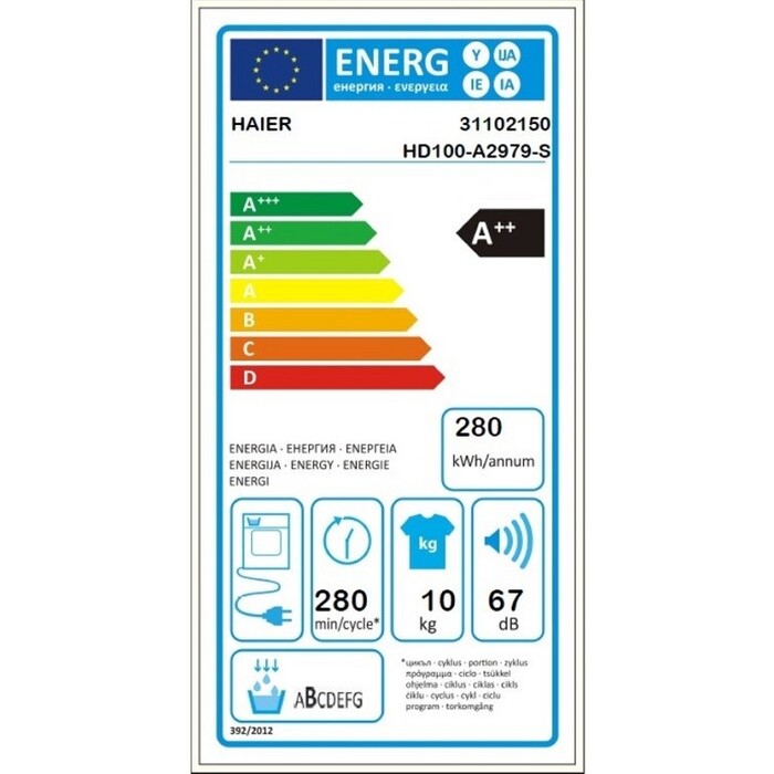 Sušička bielizne Haier HD100-A2979,  A++, 10 kg