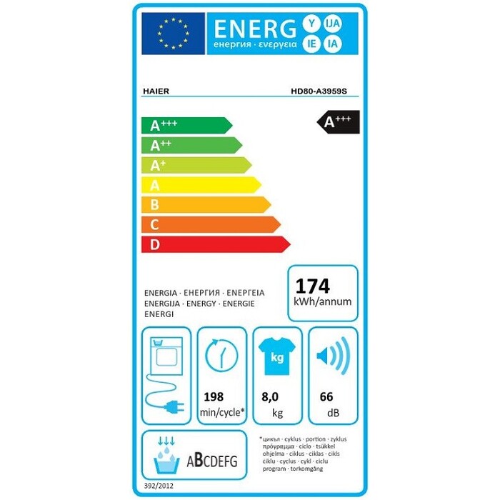 Sušička bielizne Haier HD80A3959RS,  A+++, 8 kg