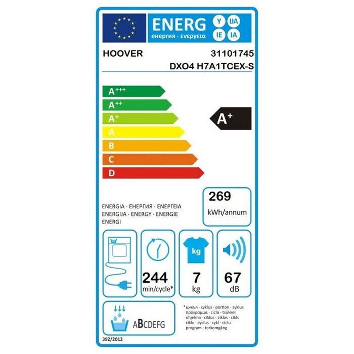 Sušička bielizne Hoover DXO4 H7A1TCEX-S, A+, 7kg VADA VZHĽADU, O